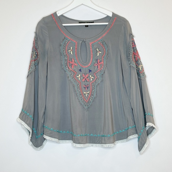 Love Stitch Grey Boho Embroidered Bell Sleeve top - Picture 1 of 16
